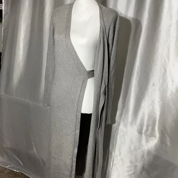 WAYF Ribbed Knit Gray Wrap Midi Dress size LWith Long Sleeves & Adjustable Tie B - Picture 6 of 9